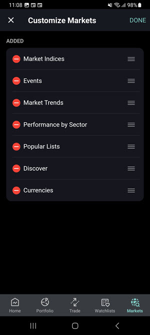 The customize markets option on the Android Phone. 